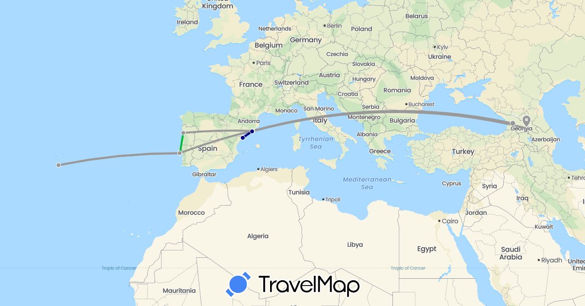 TravelMap itinerary: driving, bus, plane in Spain, Georgia, Portugal (Asia, Europe)